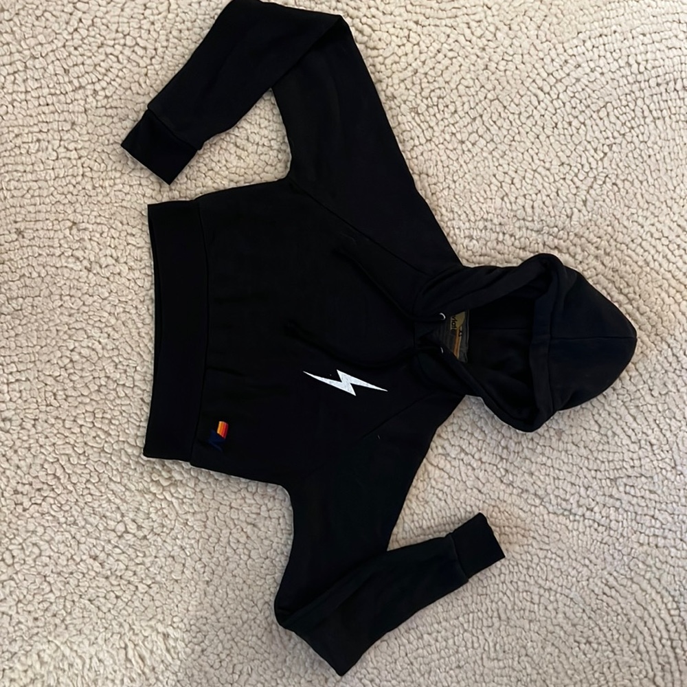 Aviator Nation Women’s Cropped Pullover Bolt  Black Hoodie. Size XS (0). NWOT